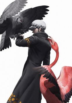 1boy absurdres bird black_coat black_hair coat earrings facial_hair flamingo goatee hand_tattoo hat highres jewelry ksuke_(k-taro31) male_focus one_piece owl profile short_hair sideburns sideways_glance standing tattoo trafalgar_law white_background white_hat yellow_eyes