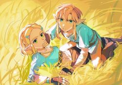 Rule 34 | 1boy, 1girl, black gloves, blonde hair, blue eyes, blue shirt, braid, commentary request, crown braid, fifi (fifiwinofi), fingerless gloves, gloves, green eyes, hair ornament, hairclip, hand on another&#039;s mouth, hashtag-only commentary, highres, link, looking at viewer, lying, nintendo, outdoors, princess zelda, shirt, the legend of zelda, the legend of zelda: breath of the wild, the legend of zelda: tears of the kingdom