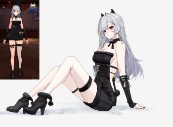 1girl alternate_costume arm_support bare_shoulders berenica_(duet_night_abyss) black_boots black_choker black_dress black_horns boots breasts choker cleavage closed_mouth commentary dress duet_night_abyss feint721 from_side full_body game_screenshot_inset grey_hair high_heel_boots high_heels highres horns knees_up light_blush long_hair medium_breasts red_eyes simple_background sitting small_horns solo strapless strapless_dress thigh_strap white_background