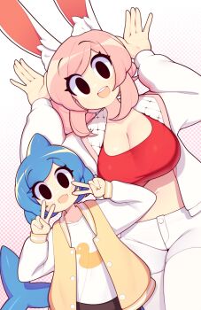 2girls :d animal_ear_fluff animal_ears black_eyes blue_hair breasts cleavage commentary crop_top dorsal_fin double_v english_commentary eyes_visible_through_hair fang fins fish_tail fiz_(fizintine) fizintine flat_chest hair_bun hands_up highres jacket large_breasts leaning_to_the_side long_sleeves looking_at_viewer midriff multiple_girls navel no_pupils open_clothes open_jacket open_mouth open_vest original pants pink_hair rabbit_ears rabbit_girl rabbit_pose shark_girl shark_tail shirt short_hair simple_background single_side_bun skin_fang smile tail teeth tori_(fizintine) upper_teeth_only v vest white_jacket white_pants white_shirt yellow_vest