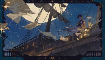 Rule 34 | absurdres, black eyes, boat, boots, border, boutonniere, brown boots, brown hair, closed mouth, commission, expressionless, eyepatch, floating paper, full moon, highres, lamp, long sleeves, looking afar, mihuashi commission, moon, night, on boat, one eye covered, original, outdoors, outside border, pants, paper, shen a fang, short hair, sitting, sky, star (sky), starry sky, watercraft, watermark, white pants, wind