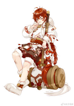 1boy bell belt blood braid brown_shorts cape child chinese_clothes cone_horns cuts dongfang_mao_qiu eyeliner facial_mark full_body fur-trimmed_cape fur-trimmed_jacket fur-trimmed_shorts fur_trim hair_between_eyes hammer highres horns huge_weapon injury jacket jingle_bell leaning_on_object leaning_on_weapon lock long_hair long_sleeves looking_at_viewer makeup male_focus mask nian_gao_(the_tale_of_food) official_art one_eye_closed open_clothes open_jacket padlock padlocked_collar paw_shoes puckered_lips red_belt red_cape red_eyeliner red_hair shirt short_eyebrows shorts simple_background single_braid solo standing tassel tearing_up the_tale_of_food torn_clothes two-sided_cape two-sided_fabric unworn_mask v-shaped_eyebrows watermark weapon weibo_watermark weibo_watermark whisker_markings white_background white_cape white_footwear white_jacket white_shirt wiping_nose yellow_eyes