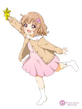 1girl :d absurdres blunt_bangs blush brown_cardigan brown_eyes brown_hair buttons cardigan cherry_print christmas_ornaments commentary_request dated dress fang flower food_print fruit_print fujino_mariya full_body hair_flower hair_ornament highres holding long_sleeves no_shoes oomuro_sakurako open_cardigan open_clothes open_mouth pink_dress print_socks short_hair simple_background skin_fang smile socks solo standing standing_on_one_leg star_(symbol) twitter_username white_background white_socks yuruyuri