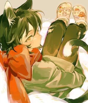 1girl animal_ears beard black_fur black_pants cat_ears cat_girl cat_tail character_charm charm_(object) chilchuck_tims crocs dungeon_meshi facial_hair falin_touden highres izutsumi kasumi007 laios_touden long_beard looking_back marcille_donato mismatched_animal_ear_colors mustache pants red_scarf scarf senshi_(dungeon_meshi) solo tail thick_mustache yellow_eyes