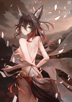 1girl absurdres animal_ears back bare_back bare_shoulders breasts brown_hair flower fugue_(honkai:_star_rail) highres honkai:_star_rail honkai_(series) looking_back revealing_clothes sideboob tail tingyun_(honkai:_star_rail) tongyu