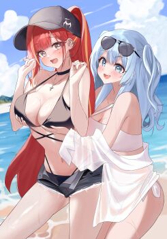 2girls :d absurdres akane_lize alternate_costume aol_lo_a arahashi_tabi baseball_cap beach bikini black_bikini black_choker black_hat black_shorts blue_eyes blue_hair blush breasts choker cleavage cloud cross cross_earrings cutoffs day denim denim_shorts double-parted_bangs ear_chain ear_piercing earrings eyewear_on_head fang glint grabbing_another's_breast grey_eyes groping hands_up hat highres horizon jewelry large_breasts linked_piercing long_hair mole mole_under_eye multiple_girls navel necklace ocean open_clothes open_fly open_mouth open_shorts outdoors parted_bangs piercing ponytail red_hair revision see-through_clothes see-through_shirt shirt shirt_partially_removed short_shorts shorts side-tie_bikini_bottom skin_fang smile stellive stomach straight_hair sunglasses sweat swimsuit torn_clothes torn_shorts two_side_up very_long_hair virtual_youtuber white_bikini white_shirt yuri