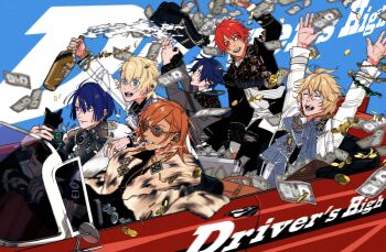 6+boys :d ^_^ animal arm_up arms_up bag black_cat black_jacket black_pants blonde_hair blue_background blue_bow blue_bowtie blue_eyes blue_hair bottle bow bowtie bracelet briefcase brooch car cat chain chain_earrings chain_necklace champagne_bottle cigar closed_eyes coin commentary_request convertible driving ear_piercing earrings english_text feet_out_of_frame fur-trimmed_jacket fur_scarf fur_trim gem glasses gold_coin green_gem grey_jacket grin hair_between_eyes hijirikawa_masato holding holding_animal holding_bottle holding_cat holding_money ichinose_tokiya ittoki_otoya jacket jewelry jinguuji_ren kurusu_shou male_focus medium_hair money money_bag motion_blur motor_vehicle mouth_hold multiple_boys multiple_bracelets multiple_necklaces multiple_rings necklace open_mouth orange_hair oreebis_re pants piercing pink_gem pinstripe_pattern purple_eyes reaching red_eyes red_hair ring shinomiya_natsuki_(uta_no_prince-sama) shirt short_hair side_part sitting smile smoke smoking spilling starish stole sunglasses tan teeth torn_clothes torn_pants upper_body uta_no_prince-sama watch white_jacket white_shirt wind wristwatch yellow_gem