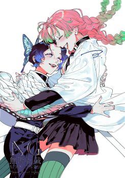 2girls ^_^ belt black_hair blush butterfly_hair_ornament closed_eyes commentary_request eyelashes green_hair green_thighhighs hair_bun hair_ornament haori highres hug japanese_clothes kanroji_mitsuri kimetsu_no_yaiba kochou_shinobu mole mole_under_eye multicolored_hair multiple_girls open_mouth pink_hair pink_nails purple_hair quad_tails sidelocks simple_background skirt smile thighhighs two-tone_hair ufufuahaha_okg white_background white_haori