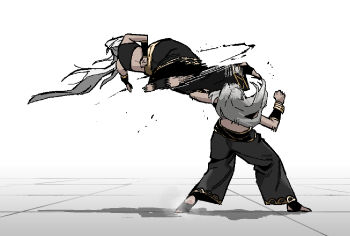 Rule 34 | 2girls, arms behind back, axe kick, baggy pants, bare shoulders, black pants, black sports bra, blocking, bracelet, counter-attack, feet, fighting, flying kick, gogalking, gold bracelet, gold trim, green eyes, grey hair, hair flowing over, high kick, jewelry, kicking, leg grab, long bangs, lou (gogalking), midriff, motion blur, motion lines, multiple girls, original, pants, shagal (gogalking), siblings, sisters, sports bra, stirrup legwear, tan, tiptoes, toeless legwear, toned, white background