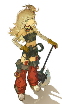 1girl :/ artist_name axe black-framed_eyewear black_shorts blonde_hair bra breasts commentary_request crop_top detached_pants detached_sleeves dot_nose full_body gloves goggles goggles_around_neck green_eyes grey_bra grey_shorts highres holding holding_weapon long_hair looking_at_viewer midriff navel one_side_up pants piper_wheel red-tinted_eyewear red_pants shorts small_breasts solo standing stretching tinted_eyewear twitter_username underwear unworn_eyewear variant_set weapon white_background yanyan_(shinken_gomi) yellow_gloves zenless_zone_zero