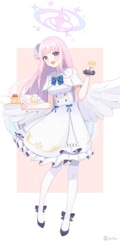 1girl absurdres angel_wings blue_archive blue_bow blush bow breasts cake cake_slice capelet dress feathered_wings flower food fork frilled_dress frills full_body gold_trim hair_bun hair_flower hair_ornament halo high_heels highres holding holding_fork holding_plate jing_(947728534) long_hair looking_at_viewer low_wings medium_breasts mika_(blue_archive) open_mouth pantyhose pink_hair pink_halo plate pumps purple_eyes scrunchie single_hair_bun single_side_bun smile solo strawberry_cake underbust very_long_hair white_capelet white_dress white_overskirt white_pantyhose white_wings wing_ornament wings wrist_scrunchie