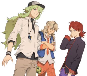 3boys arven_(pokemon) belt_buckle black_hat blue_vest brown_hair brown_pants buckle ch_walnut closed_mouth collared_shirt commentary_request crossed_arms green_eyes green_hair hair_over_one_eye hand_up hat highres jacket jewelry korean_commentary long_hair male_focus multiple_boys n_(pokemon) necklace necktie nintendo open_clothes open_vest orange_necktie orange_pants pants pokemon pokemon_bw pokemon_hgss pokemon_sv purple_pants red_hair shirt silver_(pokemon) smile undershirt vest wristband