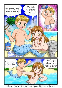 1boy 1girl absurdres arm_up beach blonde_hair blue_male_swimwear blue_swim_trunks blush bottle brown_eyes brown_hair bush child closed_eyes cloud collarbone cousins drawstring flat_chest green_eyes groin happy highres holding_hands loli long_hair looking_at_another looking_down looking_up lotion lying male_swimwear marup mermaid merman monster_boy monster_girl multicolored_male_swimwear multicolored_swim_trunks multicolored_swimsuit navel nipples ocean on_side open_mouth original palm_tree partially_submerged pasties playing preschooler pulling sample_watermark sand short_hair sitting sky smile starfish striped_male_swimwear striped_swim_trunks swim_trunks swimming swimsuit topless_female topless_male tree unworn_swimsuit water watermark white_male_swimwear white_swim_trunks