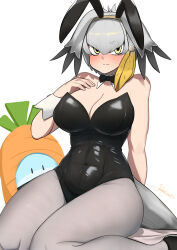 Rule 34 | 1girl, animal ears, bare shoulders, bird tail, black leotard, blush, bow, bowtie, breasts, carrot, cleavage, closed mouth, covered navel, detached collar, fake animal ears, grey hair, hair between eyes, head wings, highleg, highleg leotard, highres, john (a2556349), kemono friends, large breasts, leotard, looking at viewer, lucky beast (kemono friends), multicolored hair, pantyhose, playboy bunny, rabbit ears, shoebill (kemono friends), strapless, strapless leotard, tail, traditional bowtie, wings, wrist cuffs