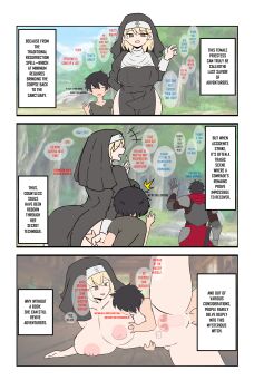 1girl 2boys age_difference artist_request black_hair blonde_hair breasts brown_eyes closed_eyes cross-section cum cum_in_pussy ejaculation english_text hand_on_another's_ass hetero impregnation internal_cumshot large_breasts multiple_boys nipples nun onee-shota original shota tagme