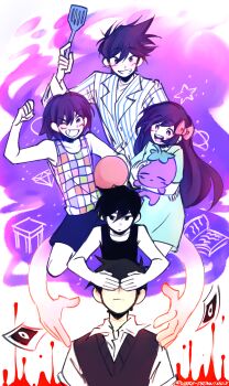 +_+ 1girl 4boys :d ;d antenna_hair arms_at_sides artist_name aubrey_(headspace)_(omori) aubrey_(omori) bare_arms bare_shoulders black_hair black_sweater_vest black_tank_top blood blue_dress blue_shirt blue_shorts blush border bow bright_pupils brothers checkered_clothes checkered_shirt clenched_hand closed_mouth collarbone collared_shirt colored_skin commentary covered_eyes covering_another's_eyes cropped_legs double-parted_bangs draw_this_in_your_style_challenge dress dual_persona empty_eyes english_commentary expressionless facing_viewer frown grin hair_behind_ear hair_between_eyes hair_bow hand_up hero_(headspace)_(omori) hero_(omori) highres holding holding_spatula holding_stuffed_toy hugging_object k0re_drawings kel_(headspace)_(omori) kel_(omori) long_hair long_sleeves looking_at_another looking_down mr._plantegg_(omori) multiple_boys no_pupils omori omori_(omori) one_eye_closed open_mouth outside_border photo_(object) pink_bow purple_background purple_eyes purple_hair shirt short_hair short_sleeves shorts siblings simple_background sleeveless sleeveless_shirt smile something_(omori) spatula star_(symbol) straight_hair striped_clothes striped_shirt stuffed_animal stuffed_eggplant stuffed_toy sunny_(omori) sweater_vest tank_top teeth tongue upper_body upper_teeth_only vertical-striped_clothes vertical-striped_shirt very_long_hair very_short_hair white_border white_pupils white_shirt white_skin