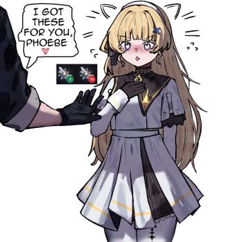 1boy 1girl 2na_(blue2na) black_collar black_gloves blonde_hair collar commentary drawn_ears english_commentary flying_sweatdrops gloves hair_ornament hairband hand_on_own_chest heart heart-shaped_pupils long_sleeves male_rover_(wuthering_waves) no_headwear pantyhose phoebe_(wuthering_waves) purple_eyes rover_(wuthering_waves) screenshot_inset shirt skirt symbol-shaped_pupils tacet_mark_(wuthering_waves) white_hairband white_pantyhose white_shirt white_skirt wuthering_waves x_hair_ornament