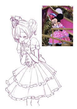 1girl absurdres animal_ears aoiyuuna_811 bow commentary_request disneyland dress gloves hair_bow highres humanization looking_at_viewer mickey_mouse_&amp;_friends minnie_mouse mouse_ears open_mouth photo-referenced polka_dot polka_dot_dress polka_dot_skirt reference_inset shirt short_hair skirt smile white_gloves