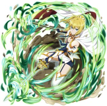 Rule 34 | 1girl, anime coloring, bare shoulders, blonde hair, blue gloves, blue shorts, boots, breasts, cape, cleavage, danmachi memoria freese, dual wielding, dungeon ni deai wo motomeru no wa machigatteiru darou ka, elf, fingerless gloves, game cg, gloves, hair between eyes, halterneck, holding, holding sword, holding weapon, long hair, looking at viewer, magical girl, medium breasts, official alternate costume, official art, pointy ears, ponytail, ryu lion, shorts, sidelocks, solo, squatting, sword, thigh boots, third-party source, vambraces, weapon, white boots, white cape, wooden sword