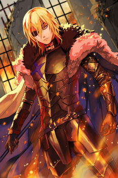 1boy absurdres armor bags_under_eyes belt belt_buckle black_armor black_belt black_fur black_gloves blue_cape blue_eyes breastplate buckle cape closed_mouth commentary_request debris dimitri_alexandre_blaiddyd dimitri_alexandre_blaiddyd_(timeskip) double-parted_bangs embers eyepatch faulds feet_out_of_frame fire fire_emblem fire_emblem:_three_houses frown fur-trimmed_cape fur_trim gloves hair_between_eyes highres holding holding_polearm holding_weapon honey_dofu long_sleeves male_focus medium_hair nintendo one_eye_covered polearm rubble sanpaku solo standing weapon white_fur