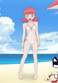 1girl absurdres ahoge armpit_crease arms_at_sides backpack bag barefoot beach bikini breasts brown_eyes cleavage eyelashes facing_viewer fankifalu feet female_focus full_body gen_2_pokemon gym_leader hair_ornament hairclip happy highres knees legs long_hair looking_at_viewer low_twintails midriff navel neck nintendo ocean open_mouth outdoors parted_bangs pigeon-toed pink_hair pokemon pokemon_hgss side-tie_bikini_bottom small_breasts smeargle summer swimsuit toes twintails unworn_backpack unworn_bag white_bikini whitney_(pokemon)