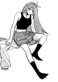 1girl aubrey_(faraway)_(omori) aubrey_(omori) breasts bu3hgg closed_mouth crop_top denim denim_skirt double-parted_bangs full_body greyscale hair_between_eyes hairband highres jacket long_hair monochrome navel omori simple_background skirt small_breasts socks solo unworn_jacket
