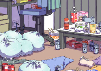 artificial_vagina beer_can bottle can chair curtains drink_can garbage ha_ku_ronofu_jin highres indoors messy_room no_humans office_chair original sex_toy swivel_chair tagme tenga used_tissue