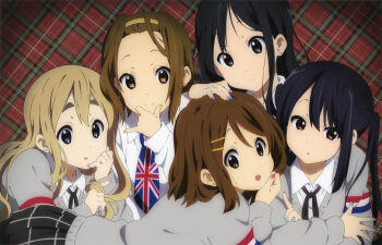5girls :o akiyama_mio anime_coloring aqua_nails arm_support black_hair black_skirt blonde_hair blur_layer bob_cut brown_hair car cardigan closed_mouth collared_shirt crossed_arms dot_mouth dot_nose double-parted_bangs flag_print grey_car grey_nails hair_ornament hairband hairclip hand_on_another's_head hand_on_own_chin highres hikiyama_kayo hirasawa_yui ho-kago_tea_time index_finger_raised k-on! k-on!_movie kotobuki_tsumugi long_hair long_sleeves looking_at_viewer looking_to_the_side lying magazine_scan matching_outfits motor_vehicle multiple_girls nail_polish nakano_azusa necktie newtype official_art on_stomach plaid_background plaid_clothes plaid_skirt print_necktie red_nails scan shirt sideways_glance skirt split_mouth sweater tainaka_ritsu teeth textless_version thick_eyebrows twintails union_jack union_jack_print upper_teeth_only v-neck vignetting white_shirt wing_collar yellow_hairband