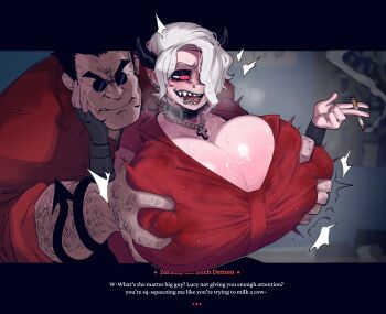 1boy 1girl arm_hair black_hair black_horns breasts cigarette cleavage covered_erect_nipples cross demon_girl demon_horns english_text face_piercing gigantic_breasts gloves grabbing_another&#039;s_breast grabbing_from_behind groping hair_over_one_eye helltaker helltaker_(character) highres holding horns jewelry krekkov nose_piercing piercing red_eyes red_shirt sharp_teeth shirt short_hair sound_effects sunglasses teeth white_hair zdrada_(helltaker)