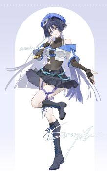 1girl :3 alternate_costume alternate_hair_length alternate_hairstyle arm_at_side belt beret black_bodysuit black_boots black_gloves black_hair black_skirt black_trim blue_belt blue_trim blunt_ends bodysuit boots border breasts bright_pupils buckle cleavage closed_mouth commission contemporary covered_navel cropped_jacket elbow_gloves eyelashes eyeliner eyeshadow fingernails fishnet_top fishnets foot_up full_body genderswap genderswap_(mtf) genshin_impact gloves gold_trim grey_eyes hair_ornament hand_up hat highres hoyofair idol idol_clothes index_finger_raised jacket knee_boots lace-up_boots long_hair makeup medium_breasts o-ring o-ring_thigh_strap open_hand partially_fingerless_gloves pleated_skirt purple_border purple_hat purple_straps red_eyeliner red_eyeshadow sample_watermark scaramouche_(genshin_impact) short_sleeves skirt snap-fit_buckle solo standing standing_on_one_leg tareme thigh_strap turtleneck turtleneck_bodysuit wanderer_(genshin_impact) wanderer_(truth_&amp;_justice)_(genshin_impact) watermark white_background white_jacket white_pupils white_sleeves wispy_bangs yonagi_th zipper_pull_tab