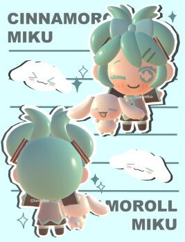 1girl 3d bow chibi chibi_only cinnamiku cinnamoroll commentary detached_sleeves dog fuwa_fuwa_cinnamoroll hair_bow hair_ornament hairclip hatsune_miku highres lavy_(lavnko) official_alternate_hairstyle one_eye_closed outline sanrio skirt smile vocaloid white_outline