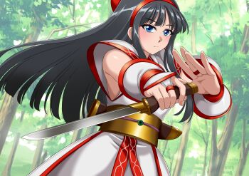 Rule 34 | 1girl, ainu clothes, black hair, blue eyes, blush, expressionless, fighting stance, fingerless gloves, forest, gloves, hair ribbon, highres, legs, long hair, looking at viewer, nakoruru, nature, outstretched arms, pants, ribbon, samurai spirits, snk, solo, the king of fighters, the king of fighters xv, thighs, weapon