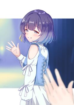 1girl absurdres blue_vest blush clothing_cutout commentary_request cross-laced_vest dress gakuen_idolmaster hand_up hataya_misuzu highres idolmaster letterboxed mole mole_under_mouth out_of_frame purple_eyes purple_hair shinouzip short_hair shoulder_cutout smile vest white_dress