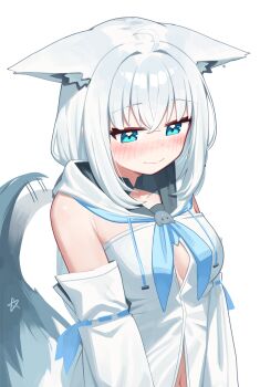 1girl absurdres ahoge animal_ears blue_eyes blue_neckerchief blush breasts closed_mouth commentary_request deaver detached_sleeves ears_down fox_ears fox_girl fox_tail highres hololive hood hood_down hoodie long_hair long_sleeves looking_down medium_breasts midriff_peek navel neckerchief shirakami_fubuki shirakami_fubuki_(1st_costume) sidelocks simple_background smile solo tail tail_wagging upper_body virtual_youtuber white_background white_hair white_hoodie