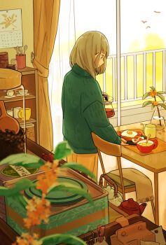 1girl balcony blue_shirt blurry blurry_foreground calendar_(object) can chair closed_mouth coffee_beans coffee_mug coffee_pot commentary_request cowboy_shot cup curtains day flower food fried_egg from_behind glass_door gold_osmanthus grey_eyes grey_hair grey_scarf highres holding holding_coffee_pot indoors jar kettle long_sleeves looking_down matsumine_(twin-mix) morning mug orange_flower orange_pants original osmanthus pants plant profile railing saucer scarf shelf shirt simple_bird slice_of_life sliding_doors smile solo soup spoon teacup teapot vase window