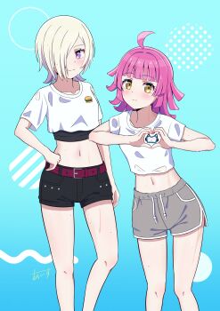 2girls absurdres ahoge belt black_shorts blonde_hair blue_background blunt_bangs blunt_ends closed_mouth collarbone commentary contrapposto cropped_shirt gradient_background grey_shorts hair_over_one_eye hand_on_own_hip heart heart_hands highres ice_compass0610 looking_at_viewer love_live! love_live!_nijigasaki_high_school_idol_club medium_hair mia_taylor midriff multiple_girls navel one_eye_covered pink_hair purple_belt purple_eyes shirt short_hair short_sleeves shorts signature smile standing sweat tennoji_rina upper_body white_shirt yellow_eyes