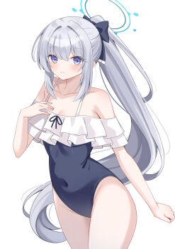 Rule 34 | 1girl, absurdres, blue archive, blue halo, blue one-piece swimsuit, casual one-piece swimsuit, covered navel, frilled one-piece swimsuit, frills, gosong, grey hair, halo, highres, long hair, miyako (blue archive), miyako (swimsuit) (blue archive), off-shoulder one-piece swimsuit, off shoulder, official alternate costume, one-piece swimsuit, ponytail, purple eyes, simple background, solo, swimsuit, two-tone one-piece swimsuit, white background