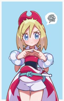 Rule 34 | 1girl, blonde hair, blue background, blue eyes, blush, border, closed mouth, commentary request, eyelashes, hair between eyes, hairband, hands up, highres, hiisu (s-1104-d), index fingers together, irida (pokemon), jewelry, looking away, medium hair, neck ring, nintendo, pokemon, pokemon legends: arceus, red hairband, red shirt, sash, shirt, shorts, solo, spoken squiggle, squiggle, strapless, strapless shirt, waist cape, white border, white shorts
