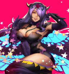 Rule 34 | 1girl, alex (cerealex), armor, ass, black armor, breasts, camilla (fire emblem), cleavage, elbow gloves, fire emblem, fire emblem fates, fire emblem heroes, gloves, hair over one eye, highres, large breasts, lips, nintendo, purple eyes, purple hair, smile, tiara, wings