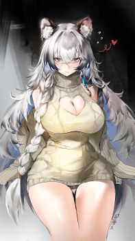 1girl absurdres alternate_costume arknights braid breasts cleavage_cutout clothing_cutout commentary_request dress grey_dress grey_eyes grey_hair heart heart_cutout highres large_breasts leopard_girl liwen_222 long_braid long_hair looking_at_viewer panties pramanix_(arknights) single_braid smile snow_leopard_ears snow_leopard_girl snow_leopard_tail solo sweater sweater_dress thighs turtleneck turtleneck_dress twitter_username underwear very_long_hair white_panties