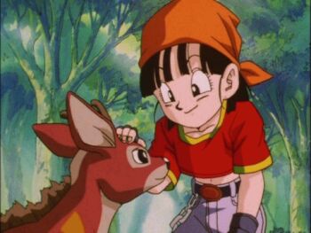 1990s_(style) animated animated_gif bandana blush breastfeeding breast_sucking dazed deer dragon_ball dragon_ball_gt embarrassed fingerless_gloves forest gloves lowres midriff nature pan_(dragon_ball) red_shirt shirt