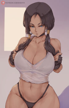 1girl bare_shoulders black_hair black_panties blue_eyes breasts crop_top curvy dragon_ball dragonball_z highres large_breasts long_hair looking_at_viewer panties parted_lips see-through_clothes shexyo signature solo thick_thighs thighs thong twintails underwear videl watermark web_address wide_hips