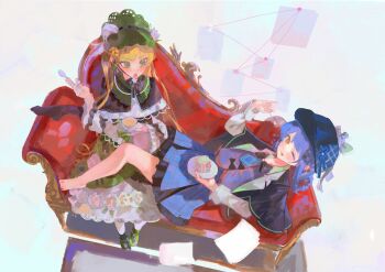 2girls :p absurdres bird_hat_ornament black_bow black_bowtie black_capelet black_hat black_socks blonde_hair blue_bow blue_hair blue_hat blue_necktie blue_skirt blue_vest blush bonnet bow bowtie braid braided_hair_rings cake capelet chinstrap closed_mouth collared_dress couch deerstalker dress food fork frilled_dress frills green_bonnet green_dress green_eyes green_shoes hair_rings hashtag-only_commentary hat hat_bow highres holding holding_fork holding_plate holding_spoon iinagi_(kashiwa_keira) leg_on_another&#039;s_leg lolita_fashion long_hair looking_at_another looking_at_viewer lying mahou_shoujo_no_majo_saiban medium_hair multiple_girls necktie on_couch one_eye_closed open_mouth orange_eyes pantyhose plaid_clothes plaid_hat plaid_skirt plate shirt shoes single_sock sitting skirt socks spoon tachibana_sherry tea tongue tongue_out tono_hanna twintails vest white_background white_bow white_pantyhose white_shirt wrist_cuffs