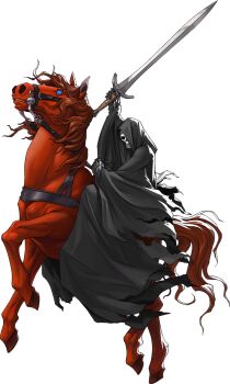 1boy artist_request black_robe blue_eyes demon_(megami_tensei) gauntlets highres holding holding_sword holding_weapon hooded_robe horse horseback_riding official_art persona persona_5 persona_5:_the_phantom_x red_horse red_rider_(megami_tensei) riding robe shin_megami_tensei skull sword third-party_source transparent_background weapon