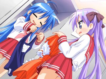 00s 2girls :3 animated animated_gif ass blue_eyes blush bra dress female_focus green_eyes hiiragi_kagami izumi_konata long_hair lucky_star multiple_girls panties pink_hair purple_hair raki_kosu sequential skirt slideshow_animation swimsuit twintails underwear undressing