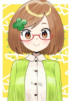 1girl absurdres blush bob_cut border brown_eyes brown_hair buttons cardigan clover clover_hair_ornament collared_shirt detesu envelope four-leaf_clover four-leaf_clover_hair_ornament glasses green_cardigan hair_ornament highres letter looking_at_viewer nikki_(swapnote) nintendo red-framed_eyewear redrawn semi-rimless_eyewear shirt short_hair smile solo swapnote swept_bangs white_border white_shirt