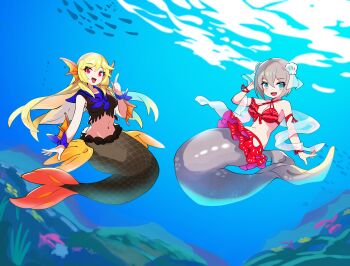 2girls absurdres arm_fins arm_ribbon bare_shoulders bikini black_scales black_tail blonde_hair blue_background blue_eyes blue_ribbon blue_sailor_collar body_fins breasts clam cleavage commission commissioner_upload criss-cross_halter crop_top crossed_bangs dot_nose double-parted_bangs fins frilled_bikini frills grey_scales grey_tail groin hagoromo hair_between_eyes hair_ornament halterneck hand_in_own_hair head_fins highres isla_(cophocoa) leaning_back long_hair looking_at_viewer medium_breasts medium_hair merfolk mermaid midriff monster_girl multiple_girls navel non-web_source open_mouth original poipoi_v_game red_eyes red_ribbon ribbon sailor_collar seafloor seashell see-through_clothes see-through_hair_ornament see-through_shawl shawl shell shell_hair_ornament sidelocks stella_(cophocoa) swimsuit swimsuit_skirt underwater wrist_ribbon