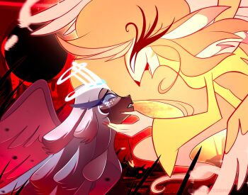 2girls absurdly_long_hair absurdres angel angel_wings beak bird_girl blonde_hair commentary dress english_commentary furry furry_female glowing glowing_eyes halo hazbin_hotel hellaverse highres long_hair multiple_girls pinksartdump sera_(hazbin_hotel) speaker_of_god_(hazbin_hotel) very_long_hair white_dress white_hair wings