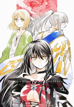 1girl 2boys artorius_collbrande black_hair blue_eyes breasts choker collarbone enoki_kino grey_hair laphicet_crowe large_breasts long_hair multiple_boys tales_of_(series) tales_of_berseria underboob velvet_crowe