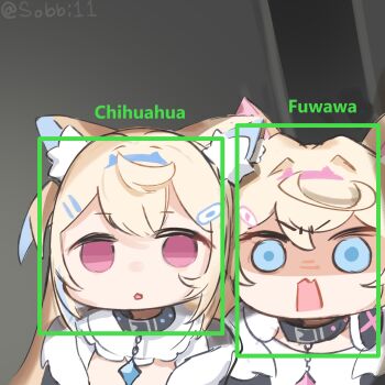2girls ai_image_recognition animal_ear_fluff animal_ears bandaid bandaid_hair_ornament black_collar blonde_hair blue_eyes blue_hair blue_hairband camera_view collar commentary dog_ears dog_girl english_commentary facial_recognition fake_horns fuwawa_abyssgard hair_ornament hairband highres hololive hololive_english horn_hairband horns long_hair looking_at_viewer mococo_abyssgard multicolored_hair multiple_girls open_mouth pink_eyes pink_hair pink_hairband siblings sisters sobbi11 streaked_hair twins virtual_youtuber